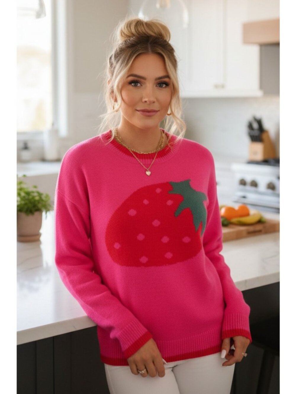 Strawberry Intarsia Knit Contrast Trim Crew Neck Pullover Long Sleeve Sweater